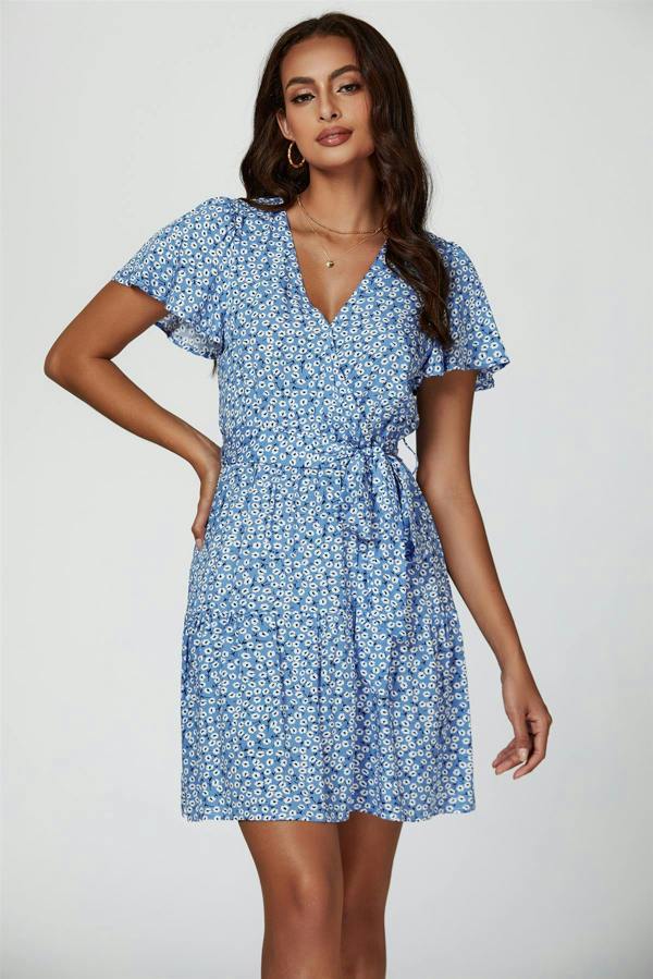 FS Collection Floral Print Hem Tiered Wrap Mini Dress In Blue