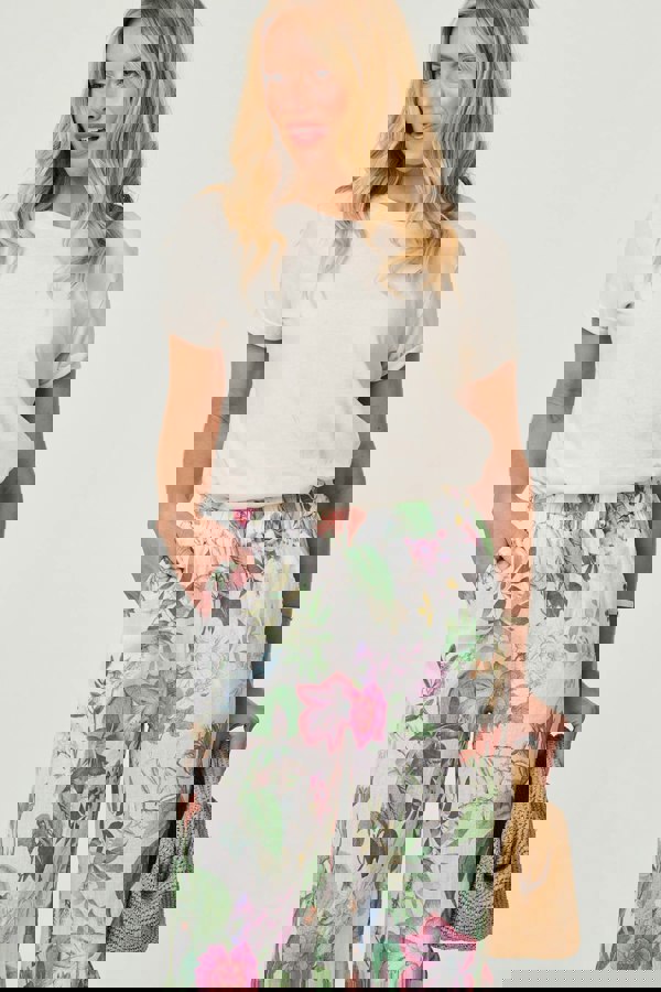 White | Floral Stretchy High Waist Crop Trousers