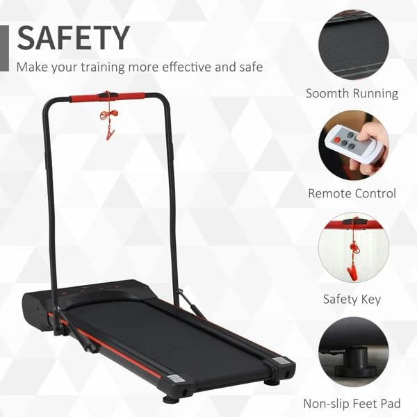 Black and red walking treadmill with safety key cord and non-slip feet pads