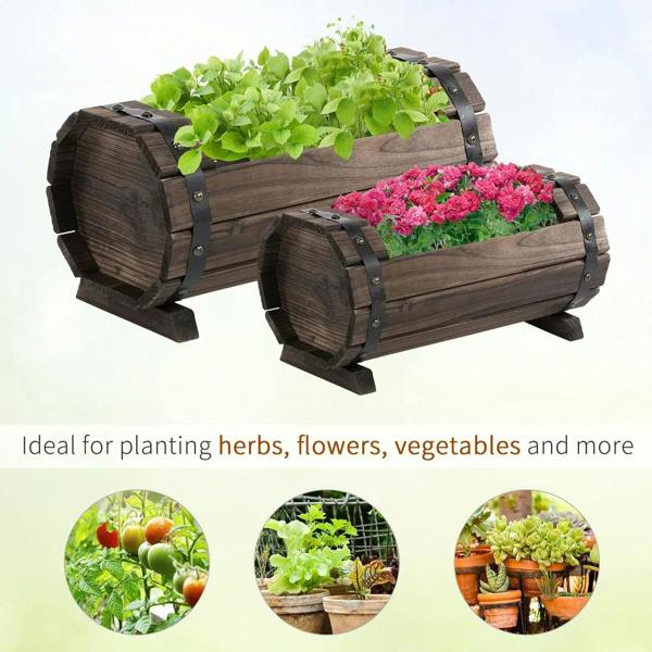Two-piece dark brown wooden planter boxes with riveted straps, filled with green and pink flowers