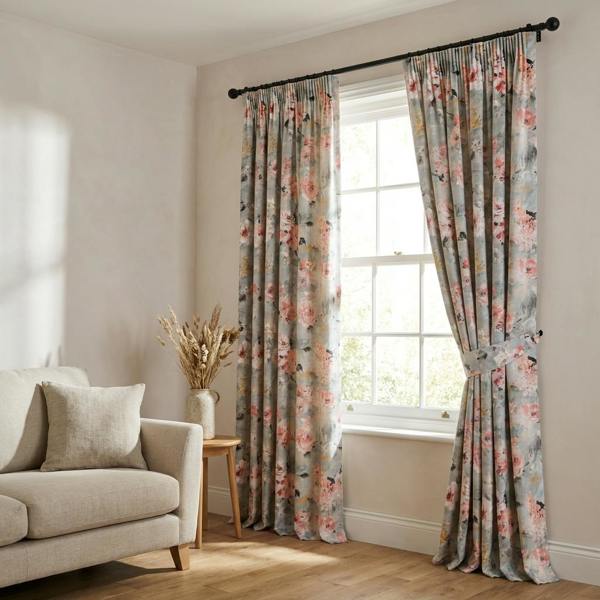 Harmony made-to-measure curtains in Coral, styled in a living room
