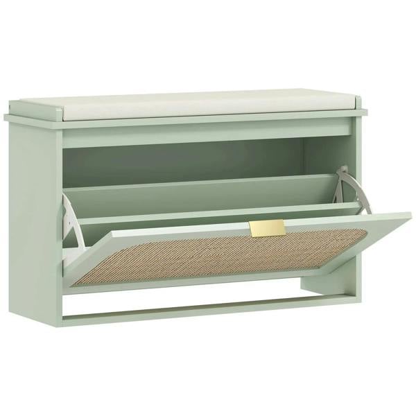 Light green shoe bench with padded seat and flip drawer open, showing storage shelf