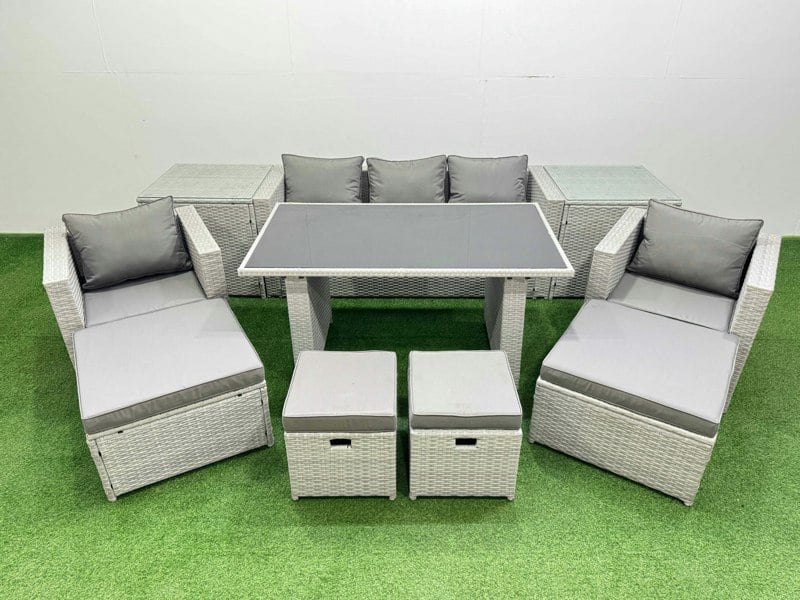 Fimous Patio Garden Furniture Sets with Black Glass Top Dining Table Armchair 3 Seater Sofa 2 Side Tables 4 Stools Light Grey