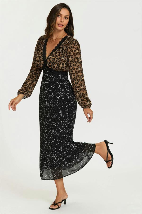 FS Collection Black Dot & Brown Leopard Print Long Sleeve Maxi Dress
