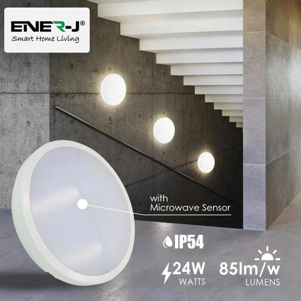ENER-J 24W LED Bulkhead Ceiling Light with Microwave Sensor, IP65 Waterproof, 2000 Lumens, Cool White, Bathroom/Kitchen/Hallway Light