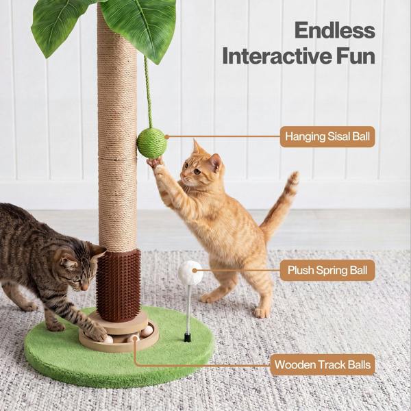 Skylos Cat Scratching Post Palm Tree Cat Scratcher With Brush Toy Indoor Green