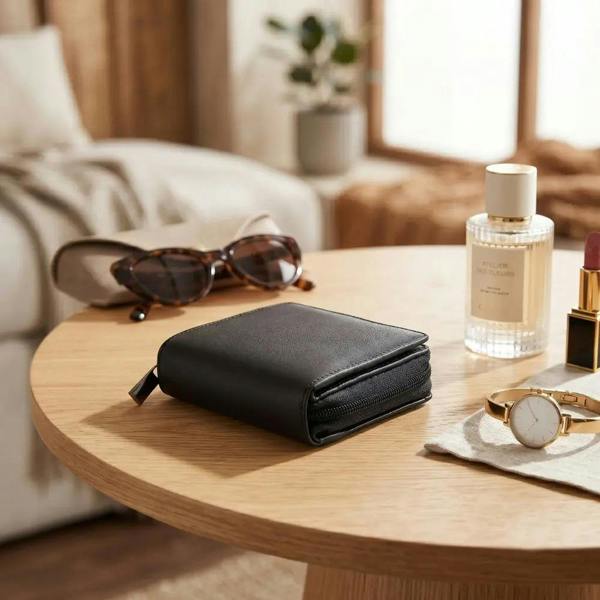Black leather purse for women with RFID protection 