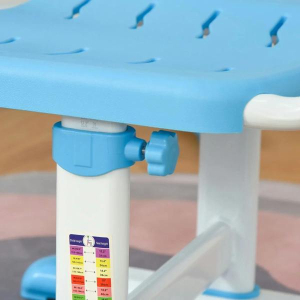 Kids blue desk height adjustment scale on white frame leg