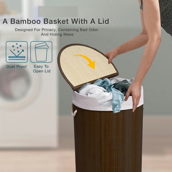 MANTRARAJ 50L Folding Bamboo Laundry Basket Bin Hamper Basket Storage Organizer With Lid And Removable Bag (Dark Brown)