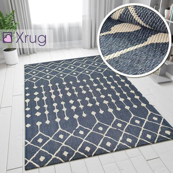 Blue Cotton Rug 100% Cotton Rugs Navy Cream Berber Diamond Pattern Washable Flat Weave Mat Carpet Small Extra Large Runner