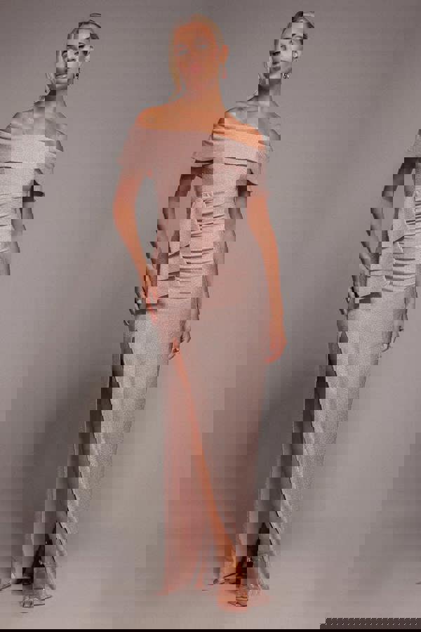 Lurex Bardot Maxi With Waterfall Ruffle - Blush DR4093