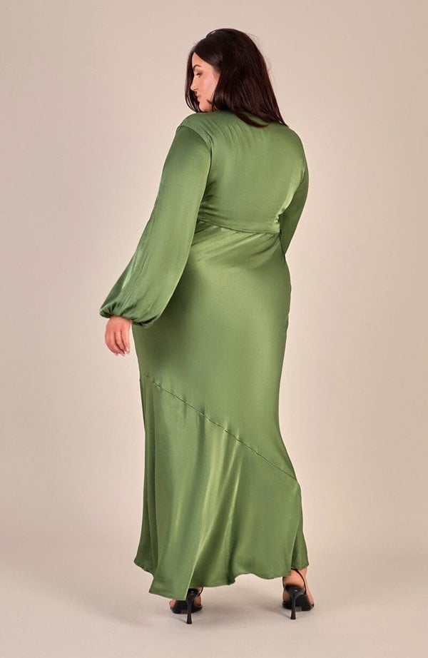 Rewritten London Valencia Dress in Olive Viscose Satin