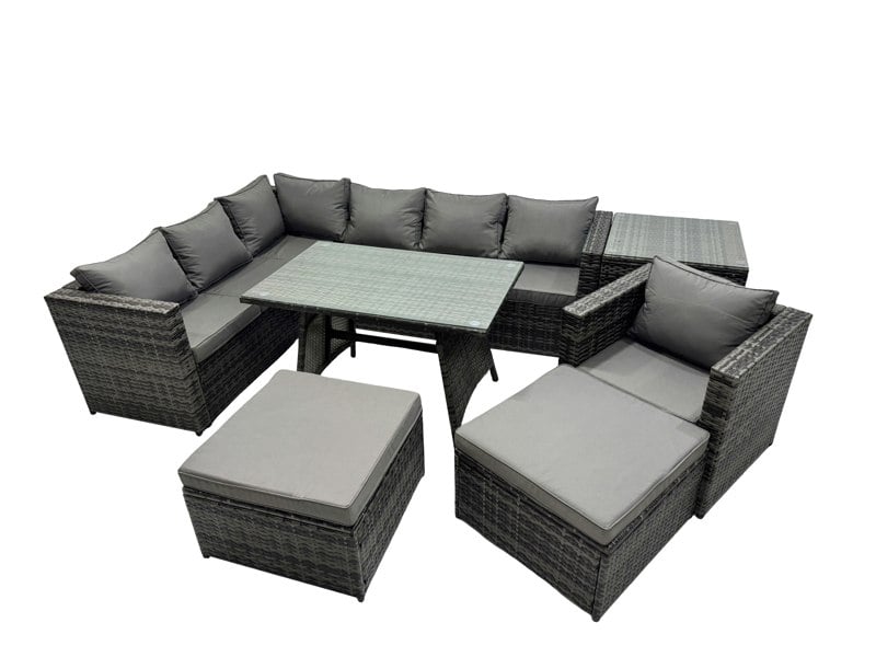 Fimous 9 seater Outdoor PE Rattan Sofa Set with Dining Table Patio Garden Furniture Sets with Chair Side Table 2 Big Stools Dark Grey Mixed