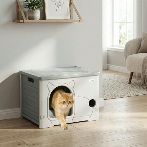 PawHut Cat House Stackable Cat Bed for Indoor Outdoor Grey - Cat House - 53.5L x 41W x 39H cm - Grey