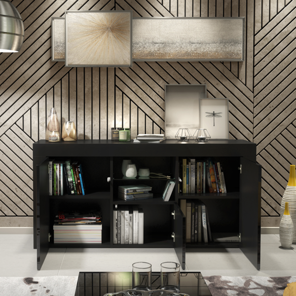 Mex Furniture Modern 145cm TV Unit, Cabinet Stand & with Black Gloss Doors & Free LED