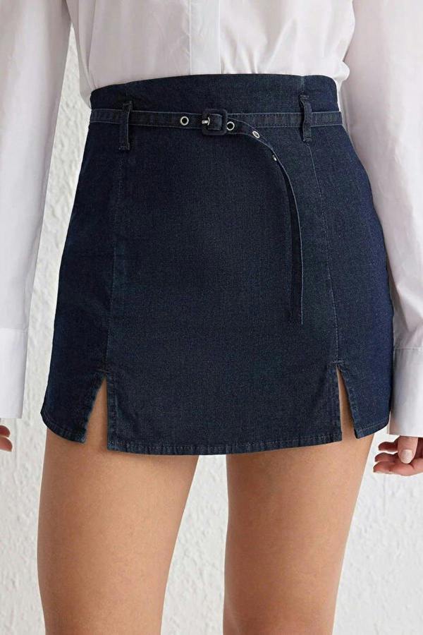 WOVCOR Belted High Waist Denim Shorts Skirt with Slit Detail