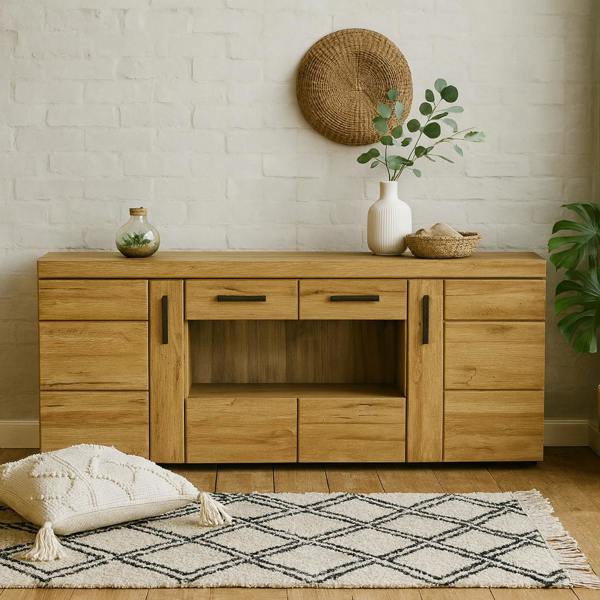 Wyld Haus Larkwood 6 Door Wide Glazed Grandson Oak Wood Sideboard