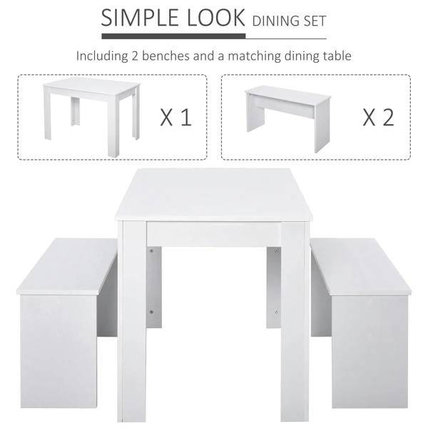 Diagram of white dining set: 1 table and 2 benches with a matching design