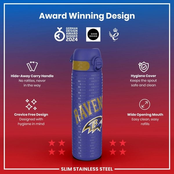 A slim stainless steel water bottle, displaying an award-winning design and Ravens Flock branding, sits against a red background; it features a hide-away handle, crevice-free design, hygiene cover, and wide opening mouth.