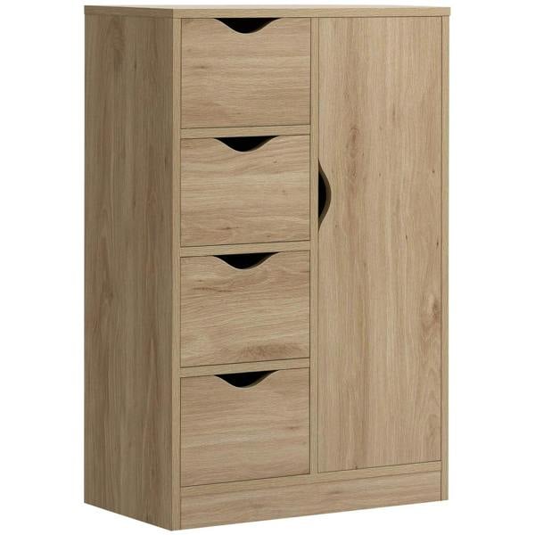 Light wood freestanding cabinet with three drawers and a right cupboard door