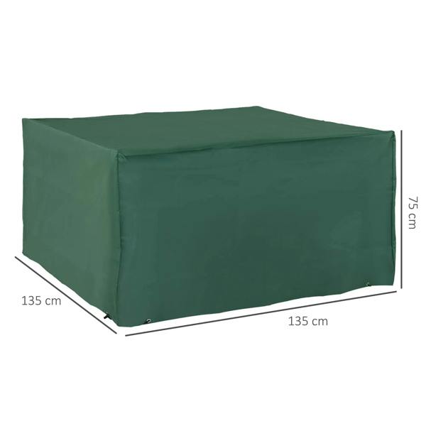 Green rectangular patio furniture cover with dimensions marked, showing flat top and panel sides.