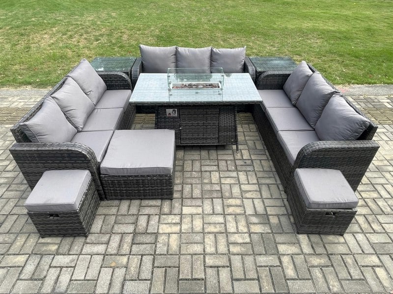 Fimous Rattan Outdoor Garden Furniture Set with Gas Fire Pit Table, 2 Side Tables, Corner Sofa & 3 Footstools - 12 Seater - Dark Grey