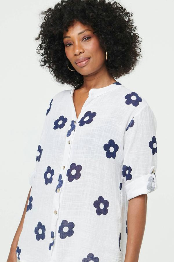 White | Floral 3/4 Sleeve Button Relaxed Blouse