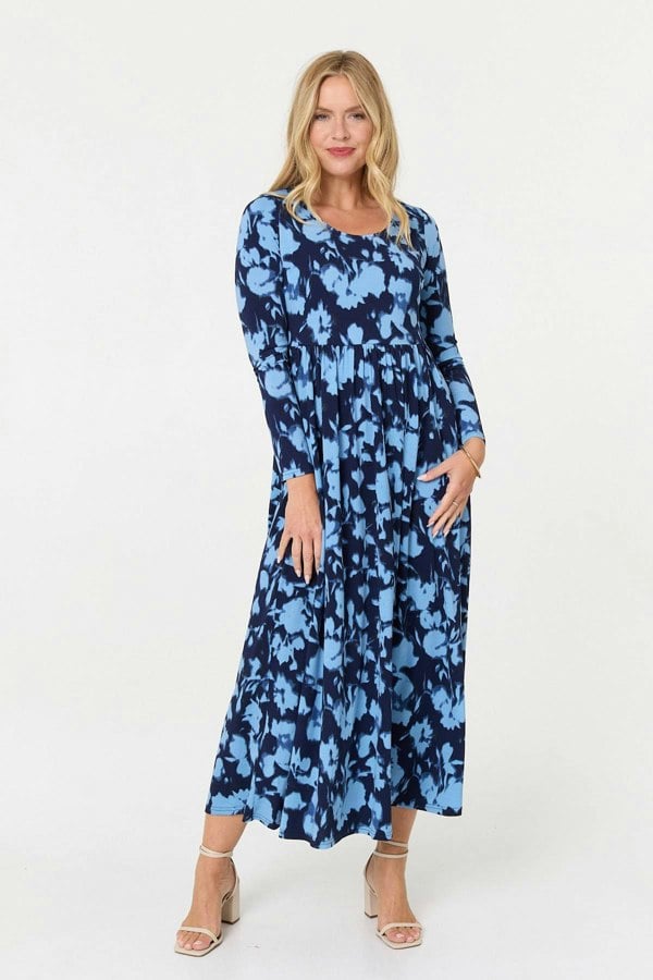 Blue | Floral Long Sleeve Jersey Maxi Dress
