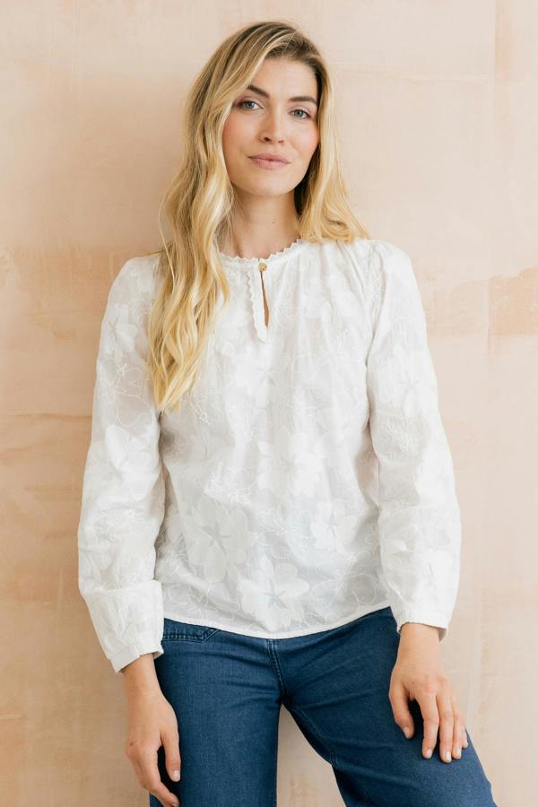 Emily Embroidered Cotton Keyhole Blouse White