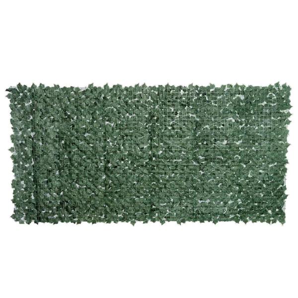 Dark green artificial leaf hedge privacy fence panel with mesh grid and dense leaves