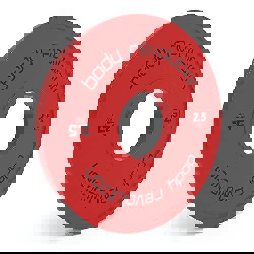 Bright red 2.5 kg fractional bumper plate with a smooth surface, featuring bold black lettering and a central hole for easy handling