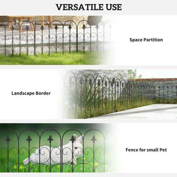 Black metal decorative fence set shown as landscape border, partition, and pet barrier