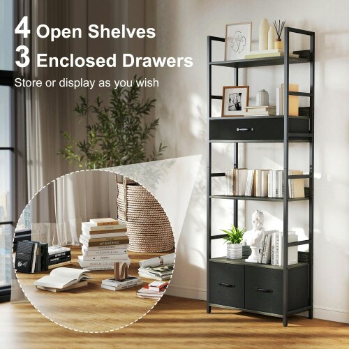 Wyld Haus Laro Metal And Wood Grey And Black Industrial Bookcase With 4 Shelves And Fabric Drawers
