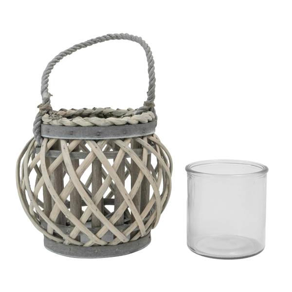 JVL Luna Natural Round Willow Wood Lantern With Braided Rope Handle, Grey Wash