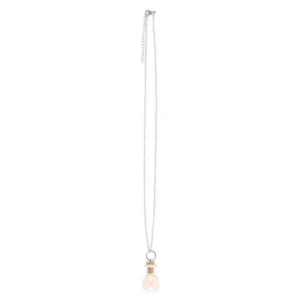 Long silver chain with small pink glass potion bottle charm at end