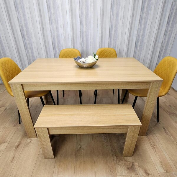 KOSY KOALA 6 Seater Modern Light Wood Dining Table Set with 4 Mustard Gem Pattern Chairs and Bench  H75 x L140 x W80 cm