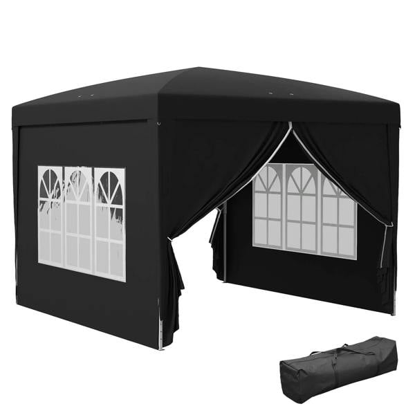 Black pop-up gazebo with open front, draped sidewalls, and window panels plus carry bag