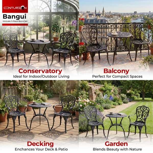 Centurion Supports BANGUI Black Garden and Patio Table and 2 Chairs Cast Aluminium Bistro Set