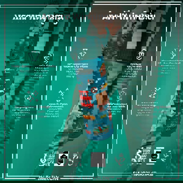 A blue water bottle with a vehicle-themed design is being held. Its features include a hide-away handle, hygiene cover, and wide mouth. Awards from 2024 and 2021 are shown.