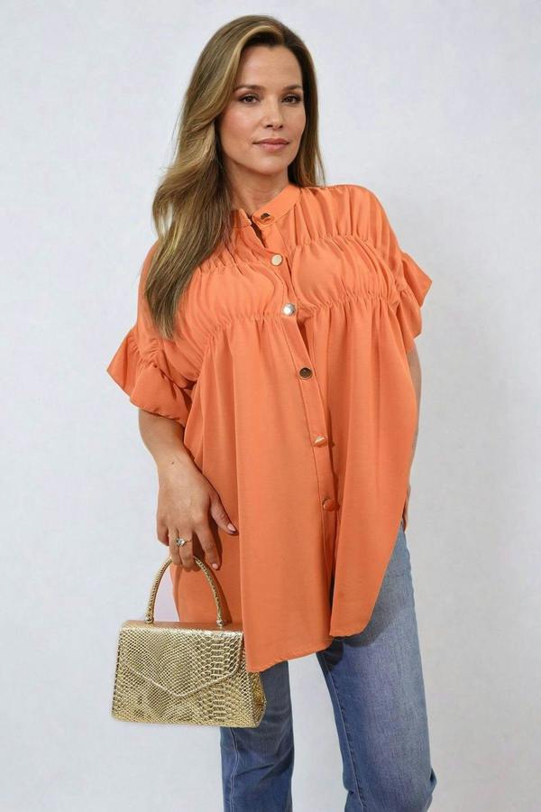 Rebecca Button Down Pleated Frill Tops - Orange