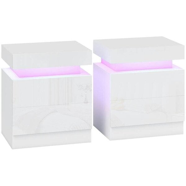 White Bedside Table with LED Light, High Gloss Front Nightstand with 2 Drawers, for Living Room, Bedroom, Set of 2