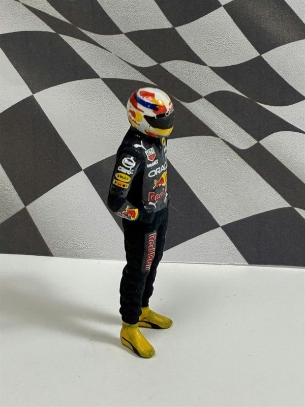 a toy figure in front of a checkered background