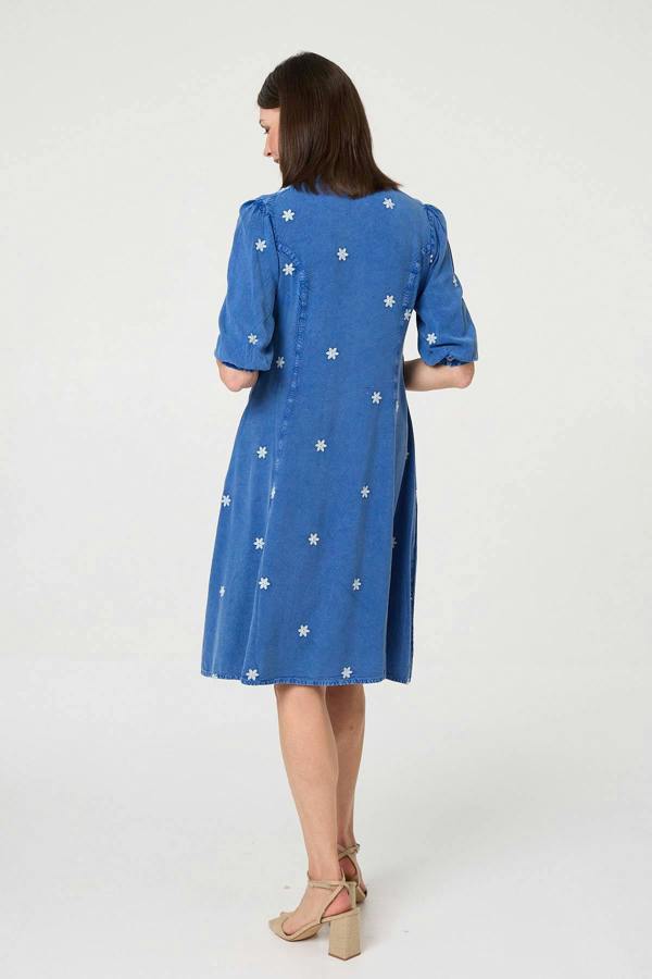 Blue | Floral Detail Buttoned Knee Length Dress