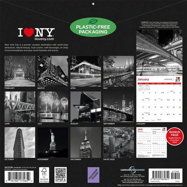 New York I Love NY City Black and White Calendar 2027, Wall Calendars, Month To View, Travel, Gift
