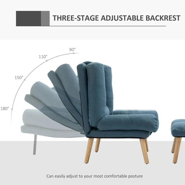 Blue recliner armchair with three-position adjustable backrest and matching footstool
