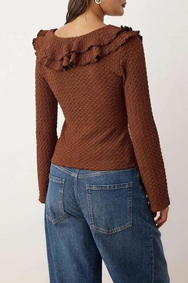WOVCOR Textured Fitted Stretch Knit Blouse with Ruffle Detail