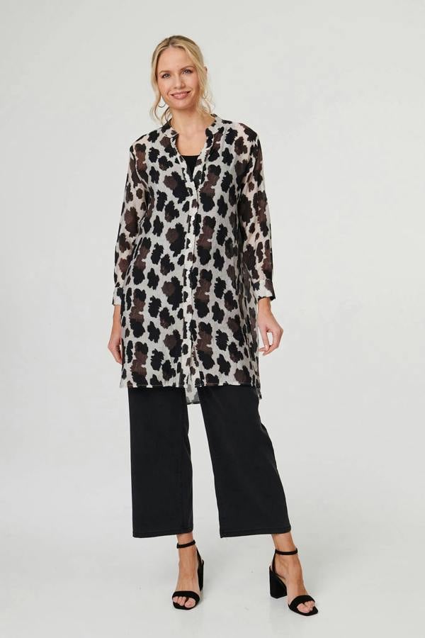 Brown | Animal Print Longline Semi Sheer Shirt