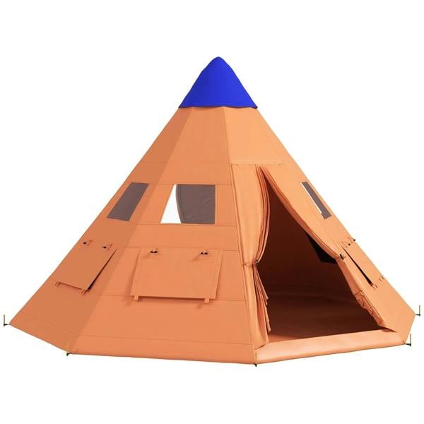Orange 6-person tipi tent with open door and mesh windows, triangular frame