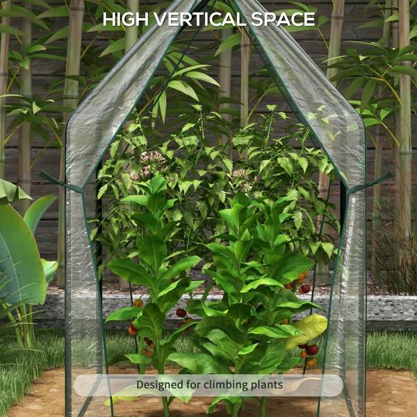 Clear mini greenhouse tent sheltering leafy plants with zip doors