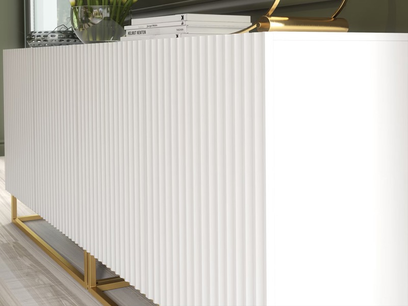 Mex Furniture Sophisticated White Sideboard with Fluted Fronts & Gold Legs – 200cm Storage Unit